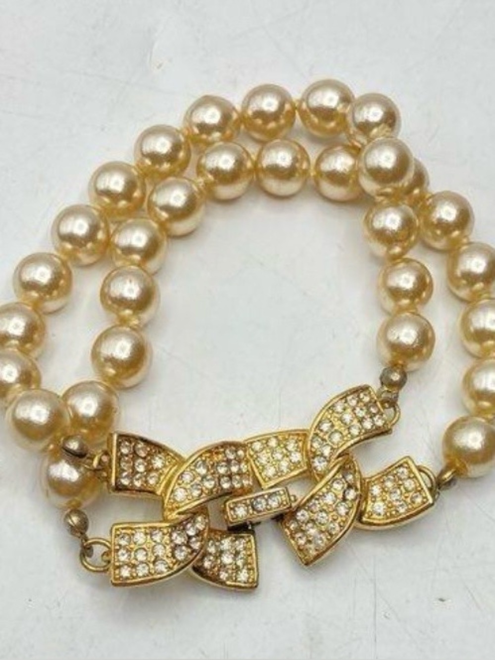 Vintage Kenneth Jay Lane Gold Tone Faux Pearl and Pave Rhinestone Bracelet